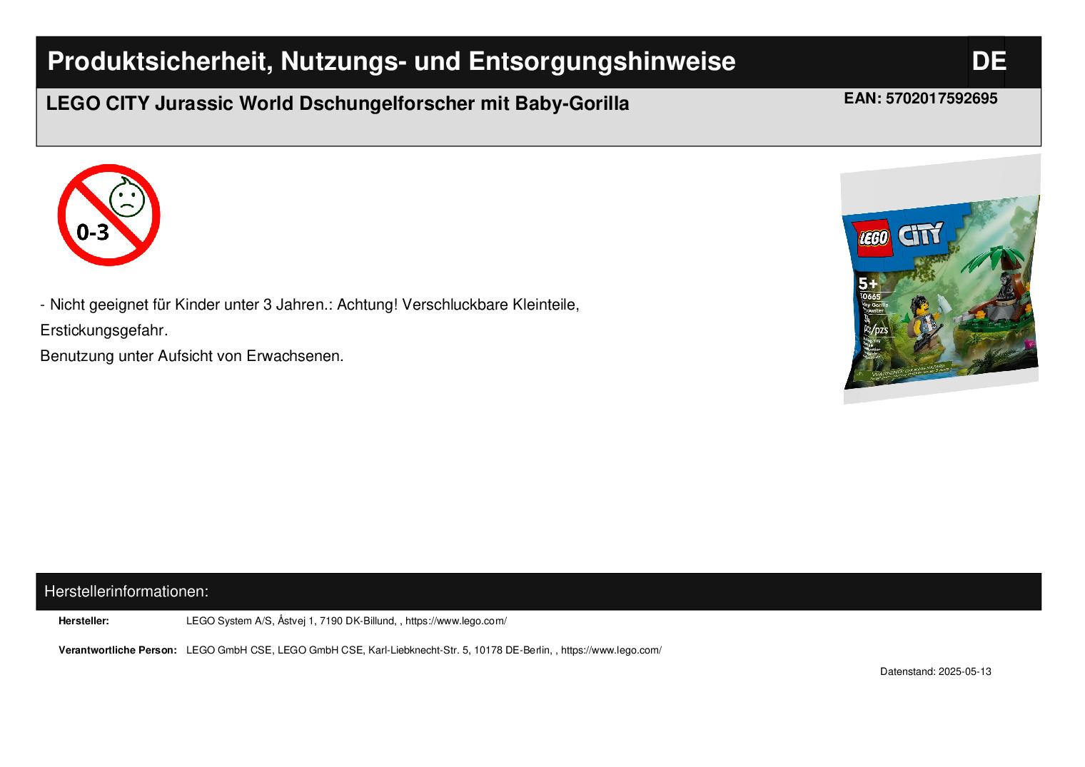 LEGO CITY Jurassic World Dschungelforscher mit Baby-Gorilla