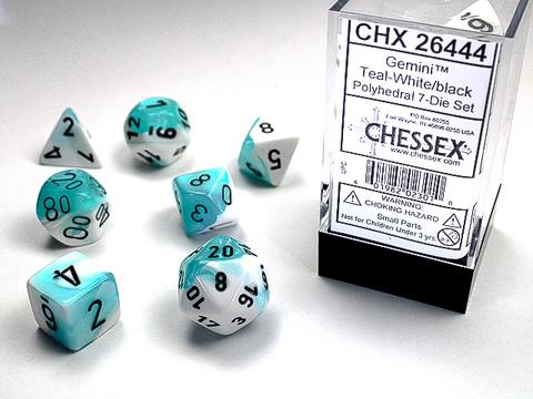 Chessex Würfel 7-er Mix Gemini: teal-white / black