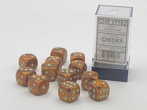 Glitter 16mm d6 Gold/silver Dice Block (12 dice)