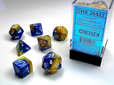Chessex Würfel 7-er Mix Gemini: blau-gold / white