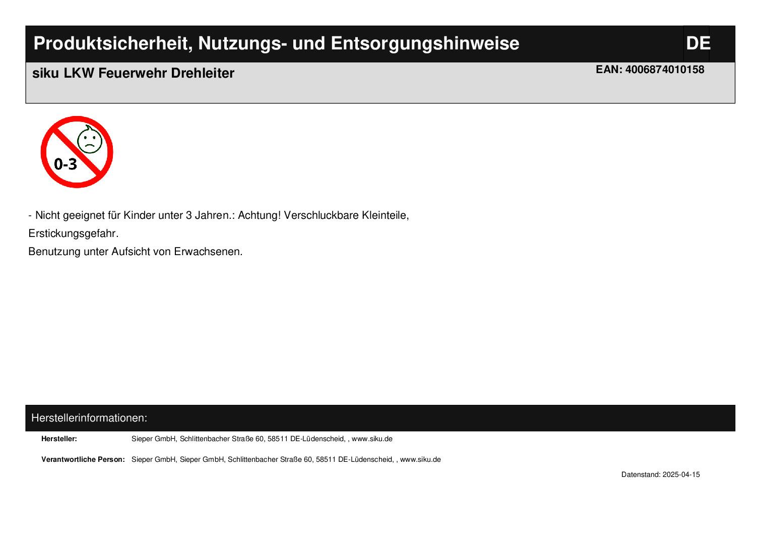 siku LKW Feuerwehr Drehleiter