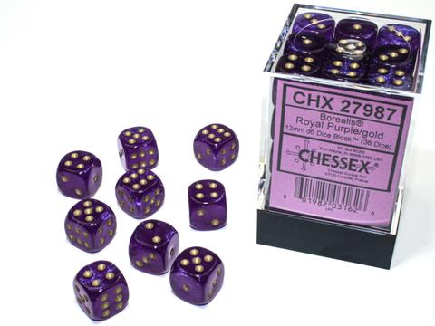 Chessex Borealis 12mm d6 Royal Purple/gold Luminary Dice Block (36 dice)
