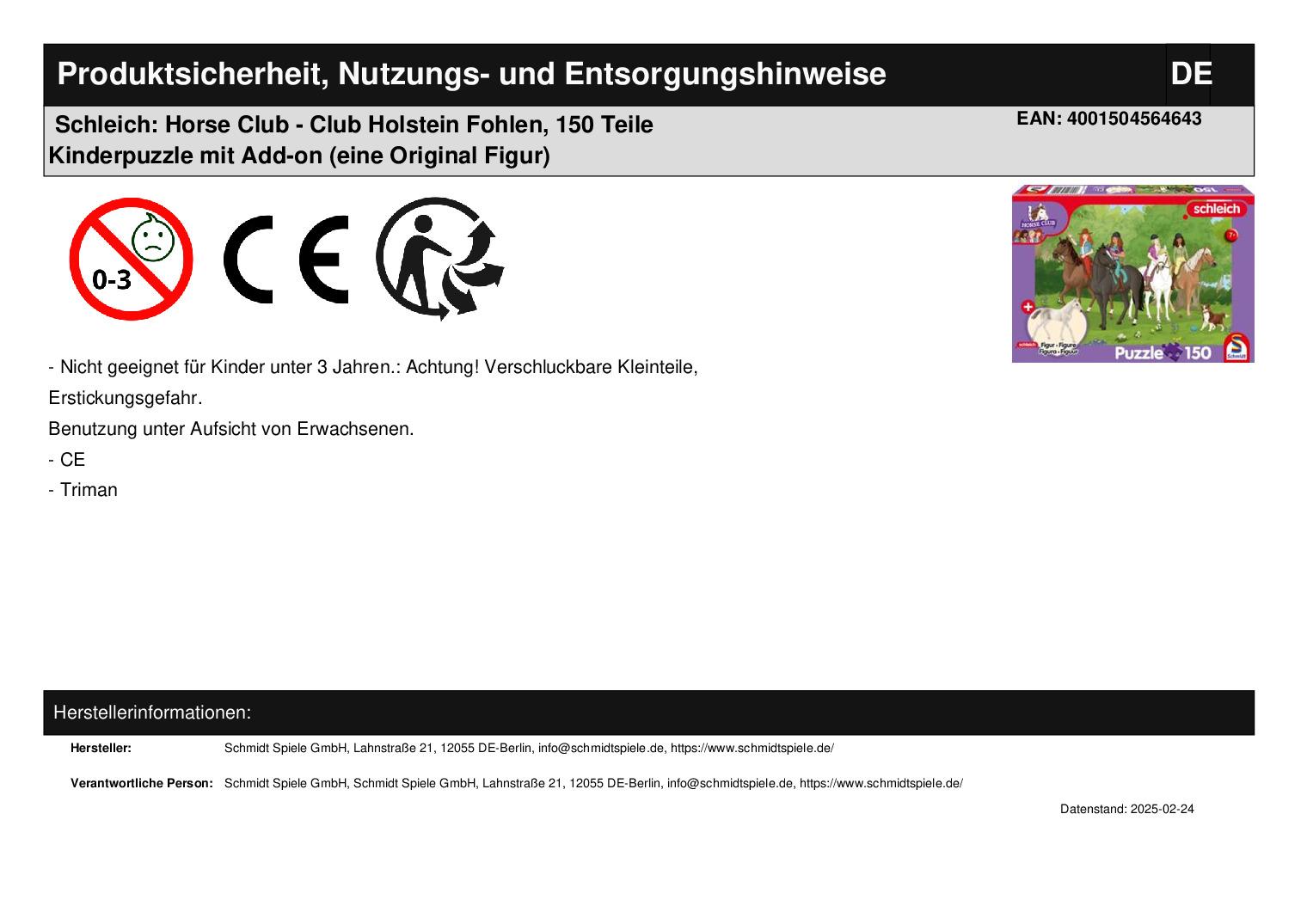 Schleich: Horse Club - Club Holstein Fohlen, 150 Teile Kinderpuzzle mit Add-on (eine Original Figur)